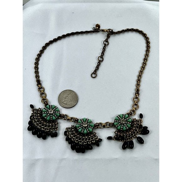 Vintage Inspired J. Crew Bib Statement Necklace, Blue Teal Flowers & Rhinestones - Picture 4 of 9